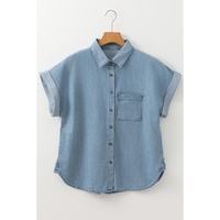 Dusk Blue Folded Short Sleeve Patched Pocket Denim Shirt - M thumbnail