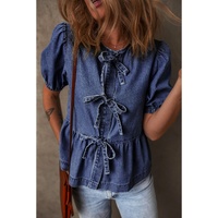 Sail Blue Tied Front Bubble Sleeve Peplum Denim Shirt - M thumbnail
