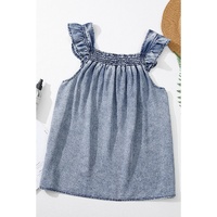 Ashleigh Blue Ruffled Shirred Neckline Sleeveless Denim Tank Top - S thumbnail