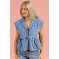 Dusk Blue Lapel Denim Babydoll Top - XL thumbnail