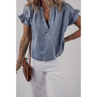 Dusk Blue V Neck Ruffled Short Puff Sleeve Denim Top - M thumbnail