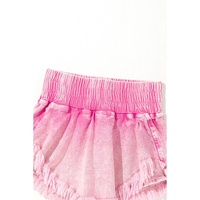 Pink Washed Wide Smocked Waistband Frayed Denim Shorts - 16 US thumbnail