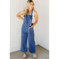 Prussian Blue Mineral Wash Knotted Strap Patched Pocket Wide Leg Denim Overalls - L thumbnail