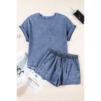 Light Blue Denim Cuffed Sleeve Tee Elastic Shorts Set - L thumbnail