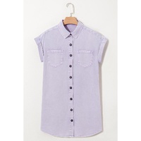 Orchid Petal Short Sleeve Double Chest Pocket Denim Shirt Dress - S thumbnail