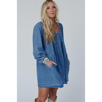 Dusk Blue Square Neck Side Pockets Loose Fit Denim Mini Dress - M thumbnail