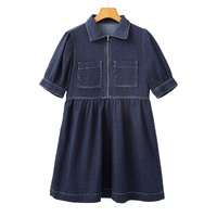 Dirty blue Zipped up Bodice Collared Short Puff Sleeve Denim Dress - M thumbnail