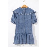 Dusk Blue Ruffled Collared Side Pockets Puff Sleeve Denim Mini Dress - S thumbnail