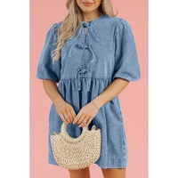 Dusk Blue Bowknot Bubble Sleeve Short Denim Dress - M thumbnail
