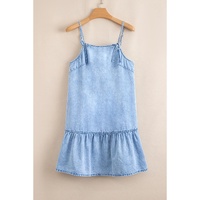 Beau Blue Bow Detail Spaghetti Straps Ruffle Hem Denim Short Dress - XL thumbnail