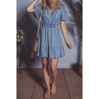 Ashleigh Blue Ruffled V Neck Smocked High Waist Denim Mini Dress - S thumbnail
