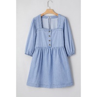 Beau Blue Denim Button Detail Babydoll Square Neck Mini Dress - L thumbnail