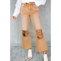 Brown Distressed Hollow-out High Waist Cropped Flare Jeans - 10 US thumbnail