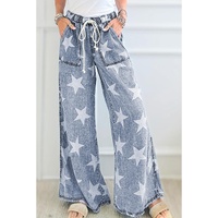 Light Blue Star Print Light Wash Drawstring High Waist Wide Leg Jeans - 6 US thumbnail