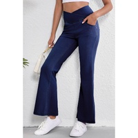 Dusk Blue Solid Crossed Waist High Elastic Fit Flare Knit Jeans - L thumbnail