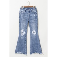 Dusk Blue High Rise Ripped Distressed Hem Flared Jeans - 4 US thumbnail