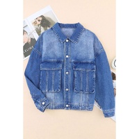 Blue Chest Pockets Drop Shoulder Loose Denim Jacket - L thumbnail