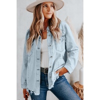 Sky Blue Flap Pocket Buttoned Raw Hem Denim Jacket - L thumbnail