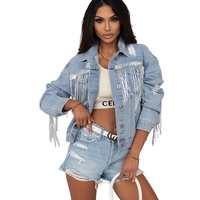 Sky Blue Sequin Embellished Fringe Distressed Denim Jacket - L thumbnail