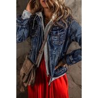 Dark Blue Fake Two-Piece Hooded Zip-Up Denim Jacket - L thumbnail
