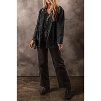 Black Side Pockets Lapel Collar Denim Jacket - S thumbnail