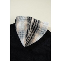 Black Plaid Sleeve Frayed Hem Hooded Denim Jacket - L thumbnail