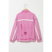 Pink Lace Patchwork Distressed Buttoned Denim Jacket - L thumbnail