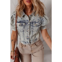 Beau Blue Light Wash Buttoned Chest Pocket Puff Sleeve Denim Jacket - M thumbnail