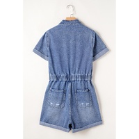 Dusk Blue Chest Pocket Front Buttoned Folded Edge Denim Short Sleeve Romper - S thumbnail