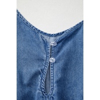 Ashleigh Blue Spaghetti Straps V Neck Belted Ruffled Leg Chambray Romper - L thumbnail