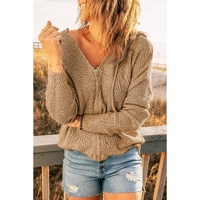 Khaki Zipper V-neck Dropped Sleeve Hooded Solid Sweater - L thumbnail