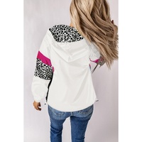 White Leopard Color Block Pockets Zip-up Hooded Jacket - L thumbnail