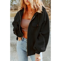 Black Flap Pocket Drawstring Hood Zip Up Jacket - M thumbnail