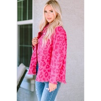 Pink Leopard Print Button Cuffs Raw Hem Jacket - L thumbnail