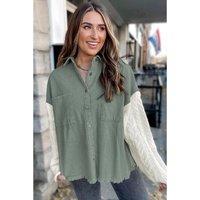 Green Cable Knit Sleeve Raw Hem Shacket - S thumbnail