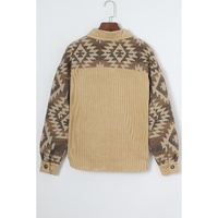 Khaki Aztec Print Patchwork Frayed Edge Corduroy Jacket - M thumbnail