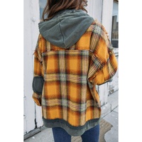 Orange Plaid Patch Hooded Frayed Snap Button Jacket - L thumbnail