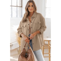Khaki Solid Textured Flap Pocket Buttoned Shacket - M thumbnail