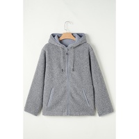 Medium Grey Fleece Zip Up Drawstring Hooded Pocketed Jacket - 2XL thumbnail