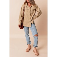 Light French Beige Solid Frilled Flap Pocket Button Up Corduroy Shacket - L thumbnail
