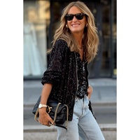 Black Sequin Zip up Round Neck Long Sleeve Jacket - M thumbnail