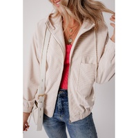 White Corduroy Drawstring Hooded Pocket Zip Up Jacket - L thumbnail