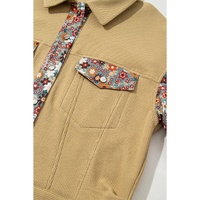 Khaki Waffle Knit Floral Print Patchwork Button up Jacket - S thumbnail
