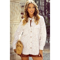 Beige Leopard Print Flap Pockets Buttoned Corduroy Shacket - L thumbnail