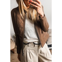 Chestnut Solid Faux Leather Zipper Slim Fit Bomber Jacket - L thumbnail