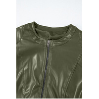 Sage Green Solid Faux Leather Zipper Slim Fit Bomber Jacket - L thumbnail