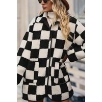 Black Checkered Side Pockets Collared Buttoned Fleece Jacket - 2XL thumbnail