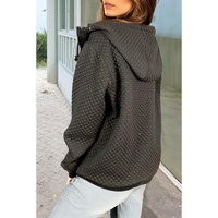 Black Quilted Side Pockets Zipper Hooded Jacket - L thumbnail