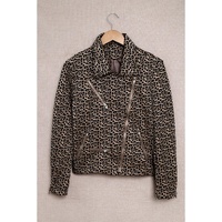 Leopard Zipped Notch Collar Short Jacket - L thumbnail
