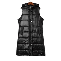 Black Hooded Long Quilted Vest Coat - L thumbnail